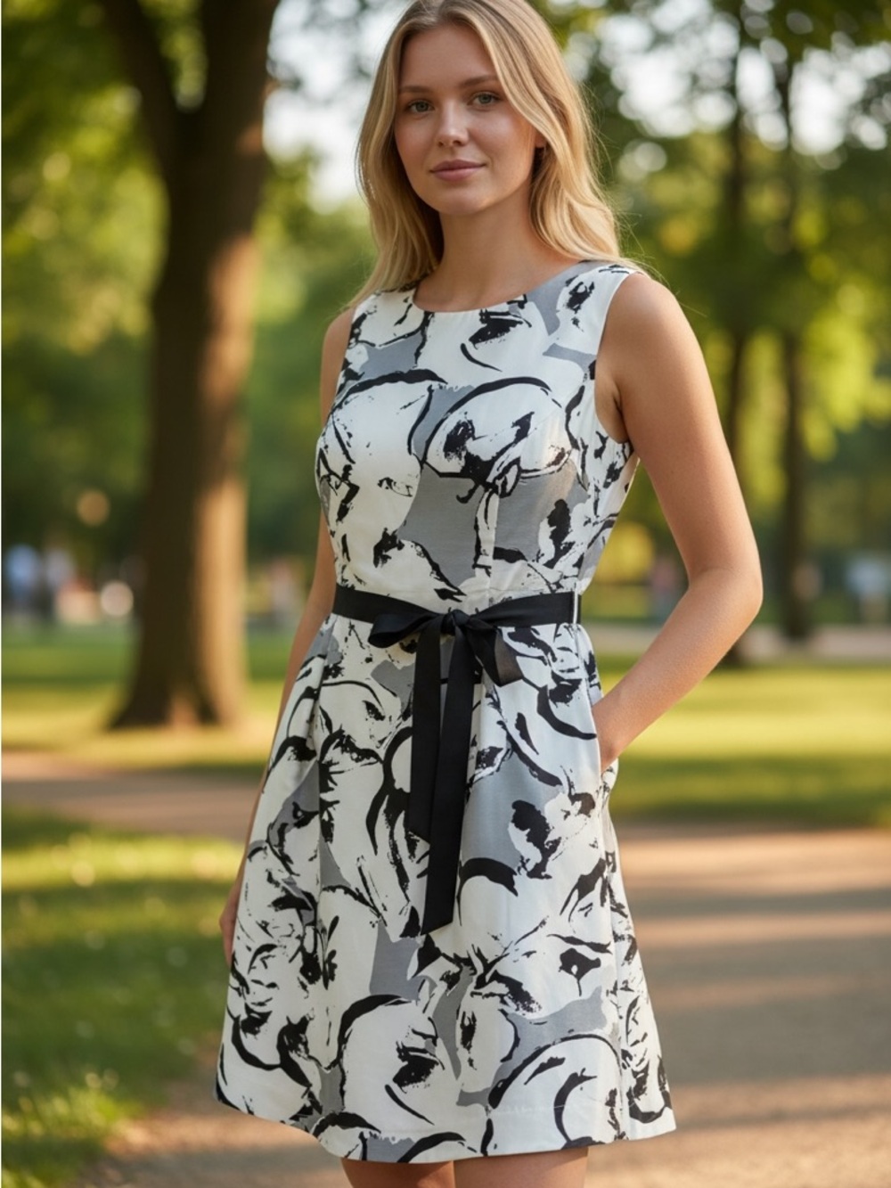 Robbie Bee “Signature” Black, Gray and White Abstract Fit-and-Flare Sheath Dress